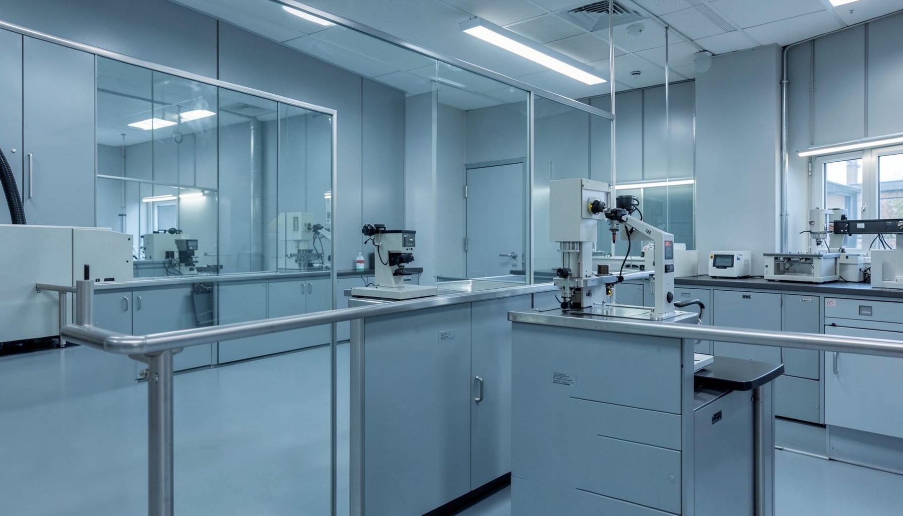 Clean industrial laboratory setting with muted blue-grey surfaces and subtle metallic accents, evoking precision and sustainable innovation