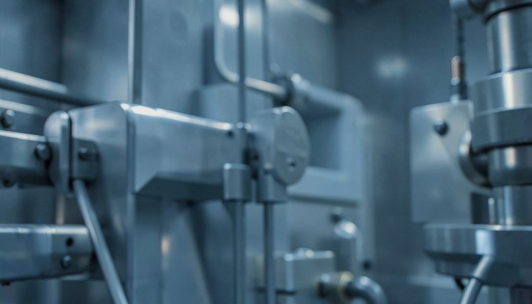 Abstract industrial backdrop in muted blue-grey tones with soft metallic highlights, conveying precision engineering and sustainable technology