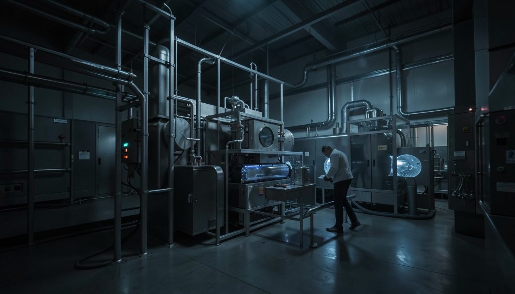 Dark atmospheric industrial scene with subtle blue-grey highlights, suggesting advanced materials processing in a clean, modern facility