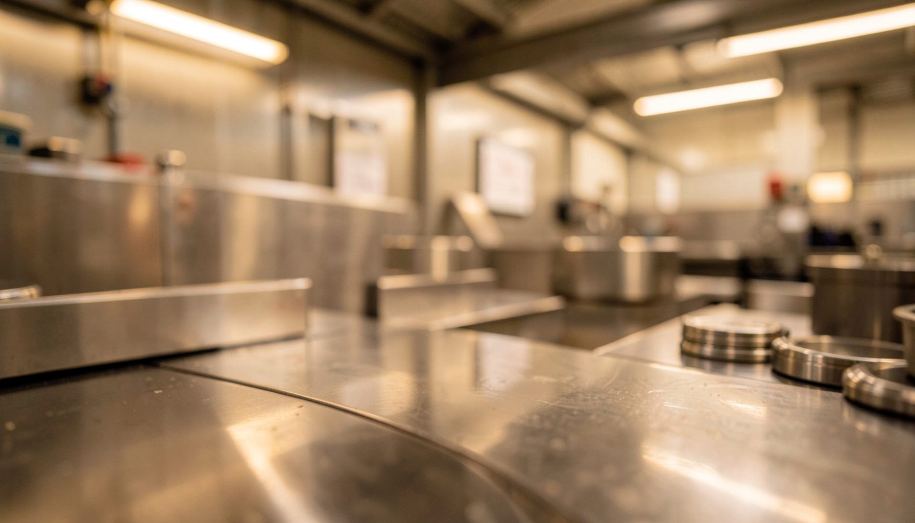 Warm-lit industrial workshop interior with polished metal surfaces and soft depth of field, conveying precision craftsmanship in a clean manufacturing environment